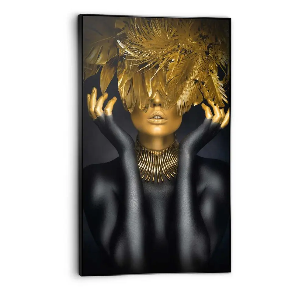 Art Frame Vrouw met gouden veren - 118x70cm - Goudkleurig