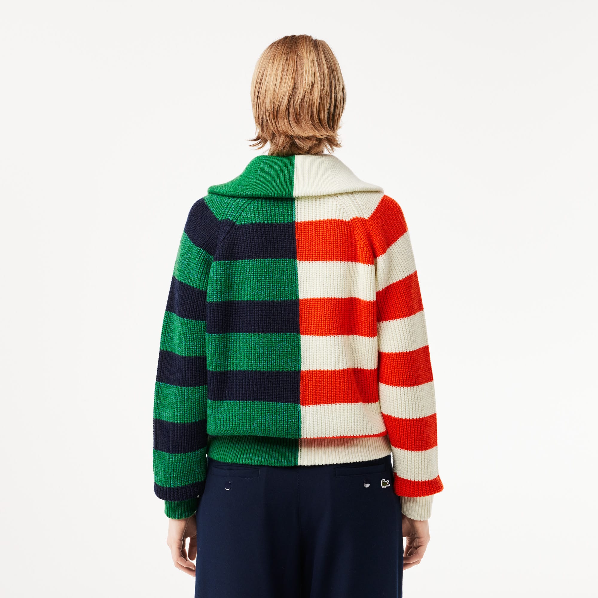 Pull col zippé à rayures contrastées en laine Pullovers - Blanc - Lacoste - Femme