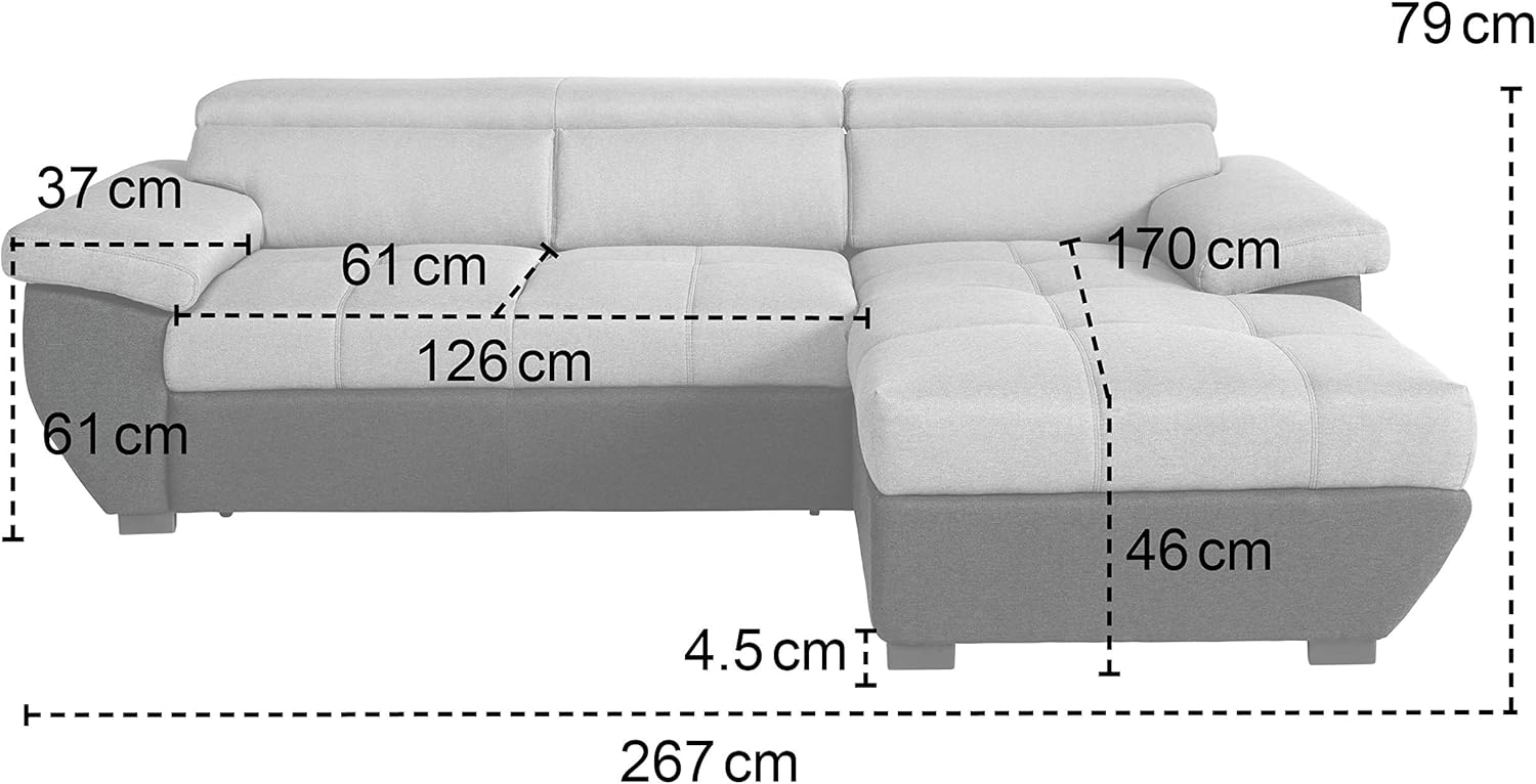 Mivano Ecksofa Speedway / Moderne Couch in L-Form mit verstellbaren Kopfteilen und Recamiere / 267 x 79 x 170 / Zweifarbig: Grau-Hellgrau
