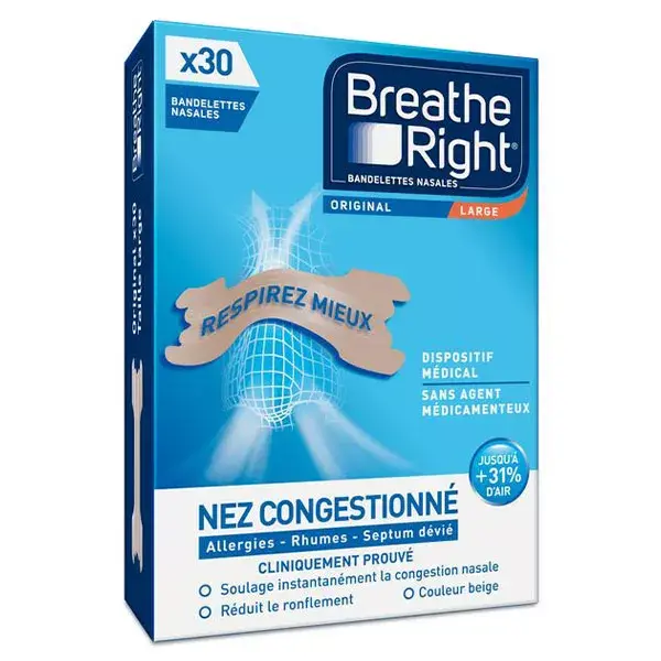Tiras Nasais Breathe Right Originais para Nariz Congestionado Grande - 30 Unidades