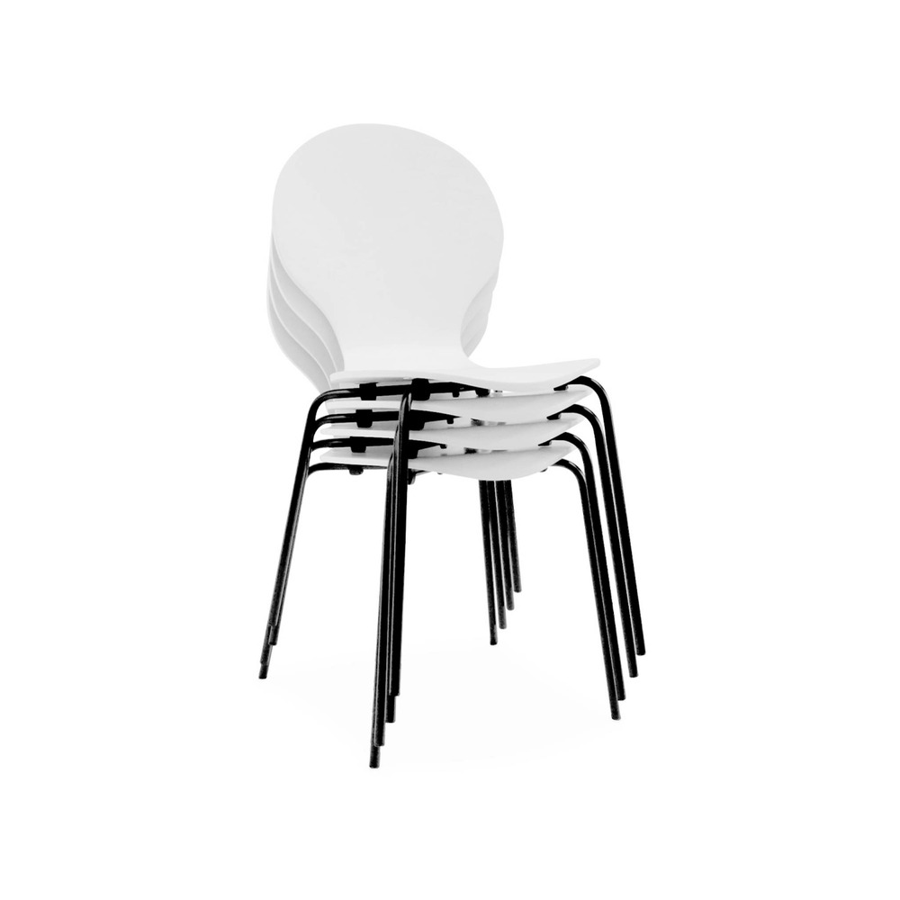 Lot de 4 chaises blanches. Rétro empilables. Bois d'hévéa et contreplaqué. Pieds en acier. Naomi. L 43 x p 48 x h 87cm
