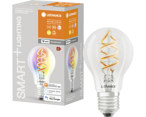 Ledvance Smart+ Filament Classic LED-lamp, dimbaar, A60 E27/4,5W (30W), helder, 300 lm, 2700 K warm wit + RGBW WiFi