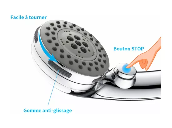 Pommeau de Douche Chromé avec Bouton Stop Douchette à Main 5 Jets au Choix Pomme de Douche Picots Anticalaire Type Universel