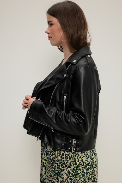 Lederoptik-Jacke, Biker-Style, Revers, Metallic-Zipper, Komplettfutter