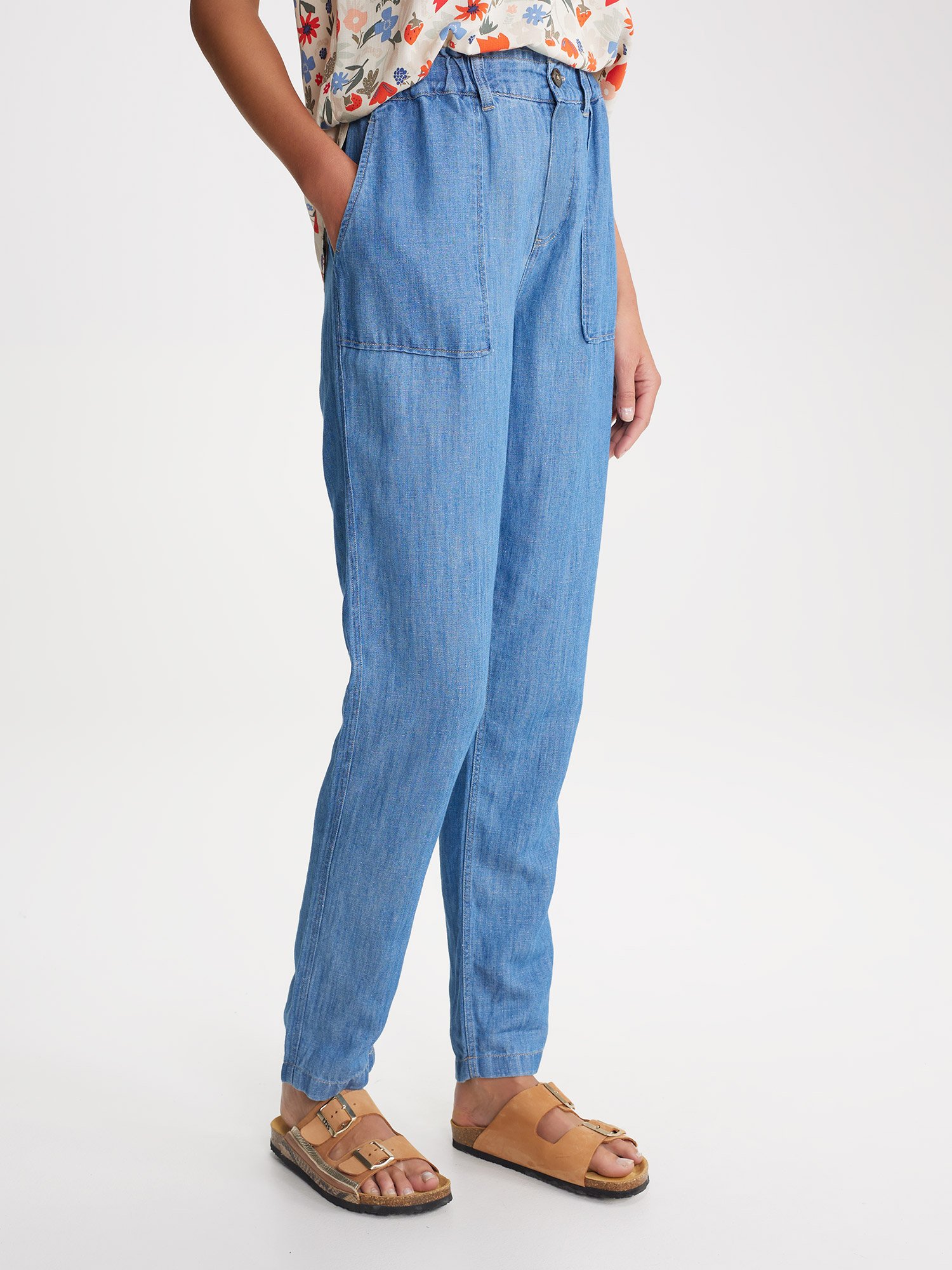 Pantalon Femme En Lin Ceinture Elastiquée Bleu