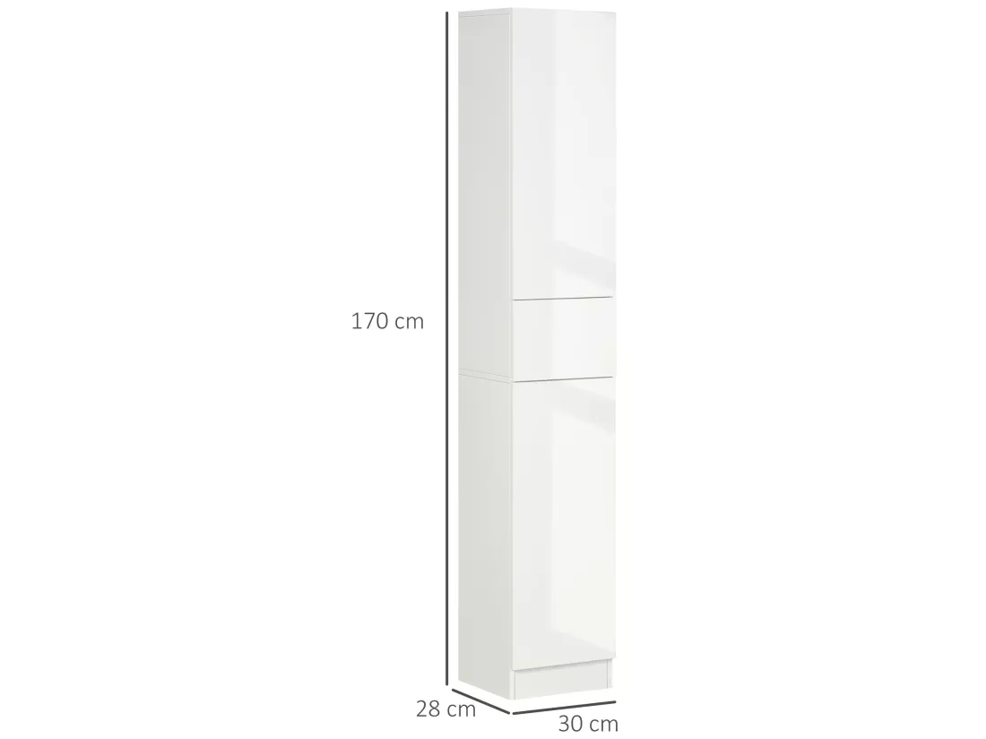 Meuble colonne rangement salle de bain style contemporain façade laquée 2 portes 3 étagères tiroir panneaux MDF blanc