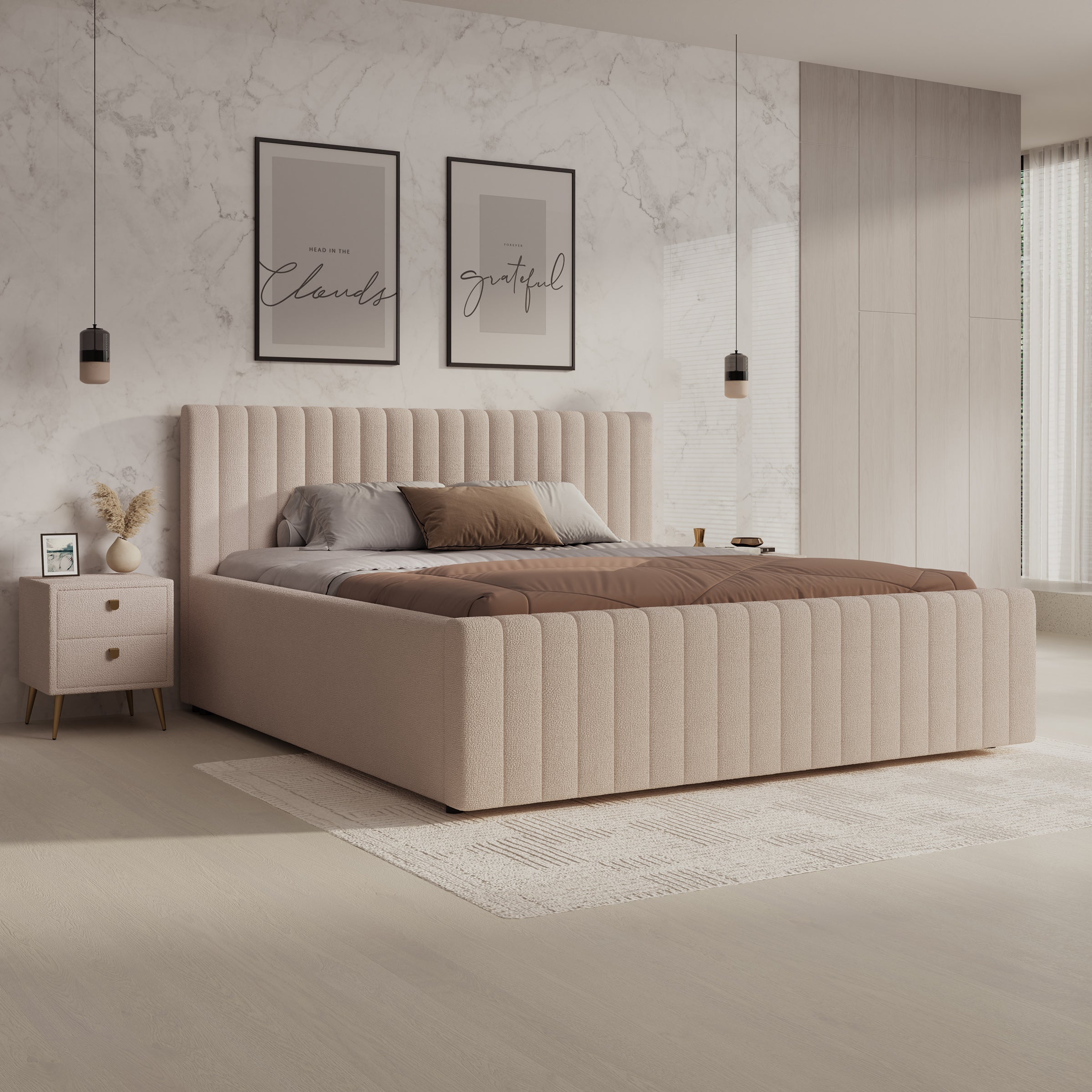 Bavira - Tweepersoonsbed met opbergruimte - Stof beige - 180x200 cm