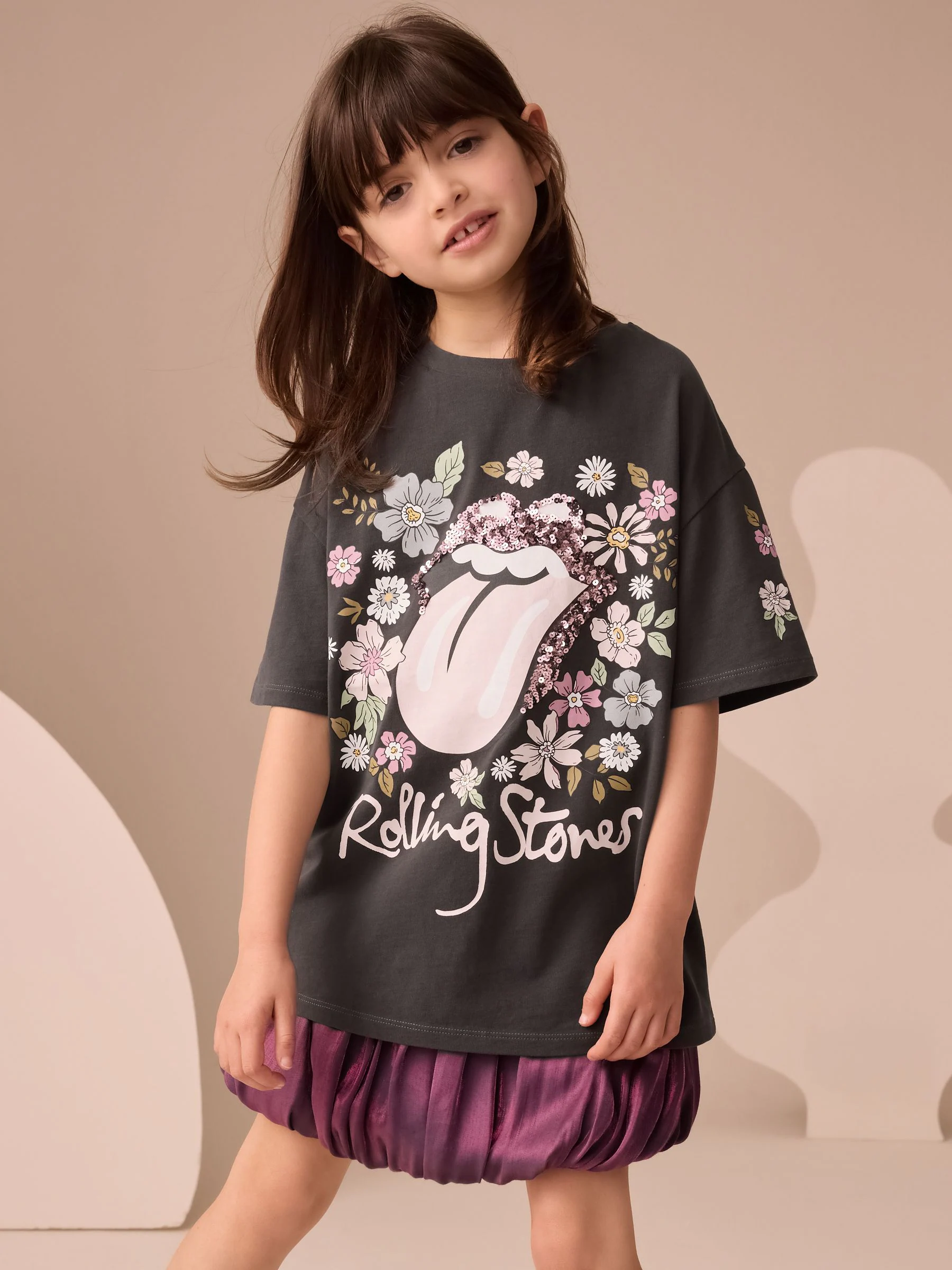 Antracietgrijs gebloemd - The Rolling Stones - T-shirt met pailletten (3-16jr)