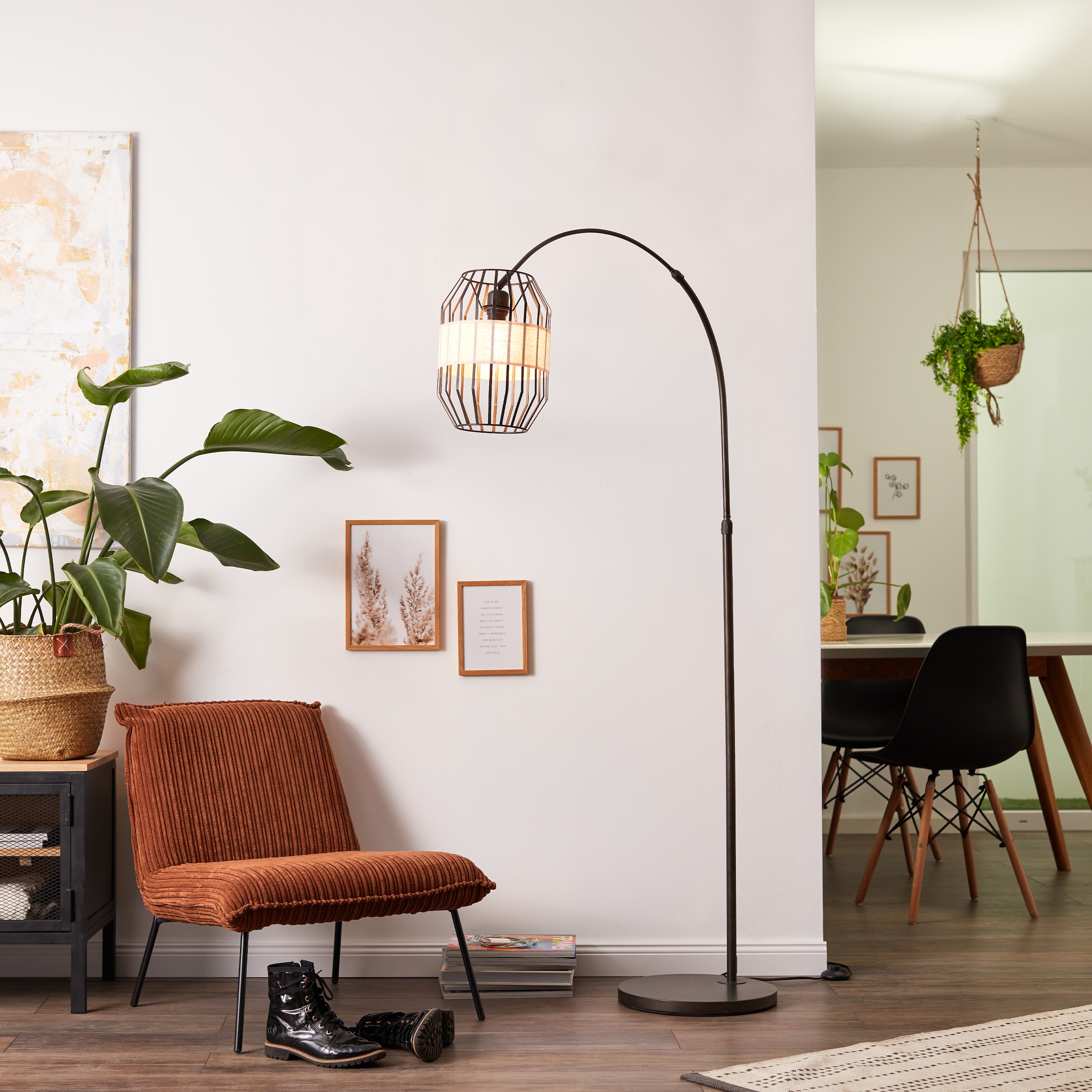 Brilliant Bogenlampe »Slope« E27 1 Stk. mit Fussschalter, 171 cm Höhe, E27, Metall/Textil, schwarz/natur