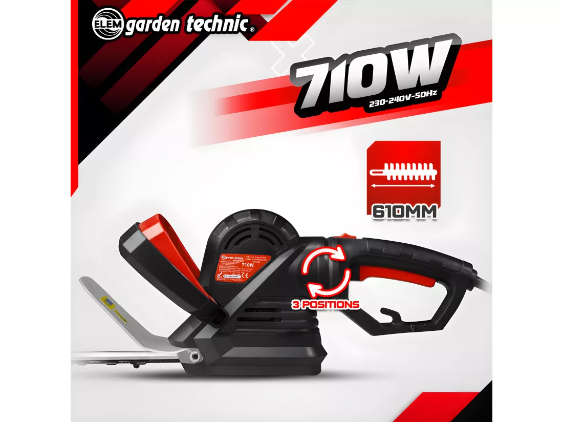 Taille haies électrique 710W - Lame 61cm - Poignée arrière rotative - Elem Garden