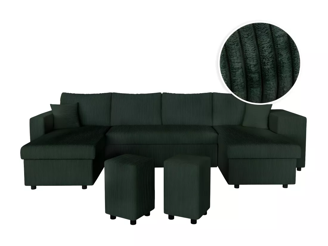 Canapé panoramique Oslo convertible avec 2 coffres, 2 poufs à droite en velours côtelé vert foncé - L311 x P146 x H81cm - Loungitude
