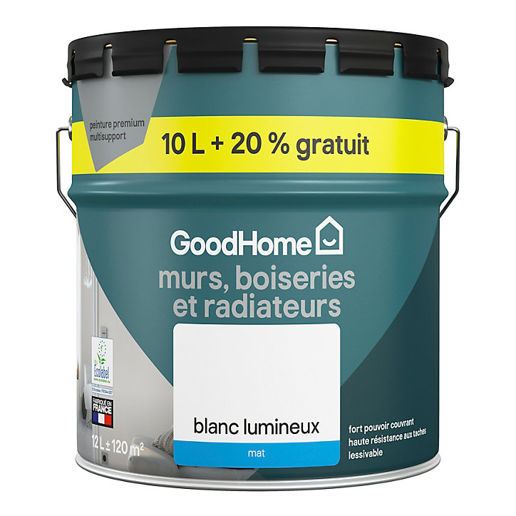 Peinture murs, boiseries et radiateurs haute résistance blanc mat GoodHome 10L + 20% gratuit