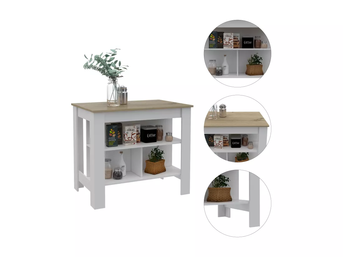 Ilot de cuisine Cala en mélaminé avec trois étagères , 89.99 cm X 102.99 cm X 69.97 cm , White / Duna