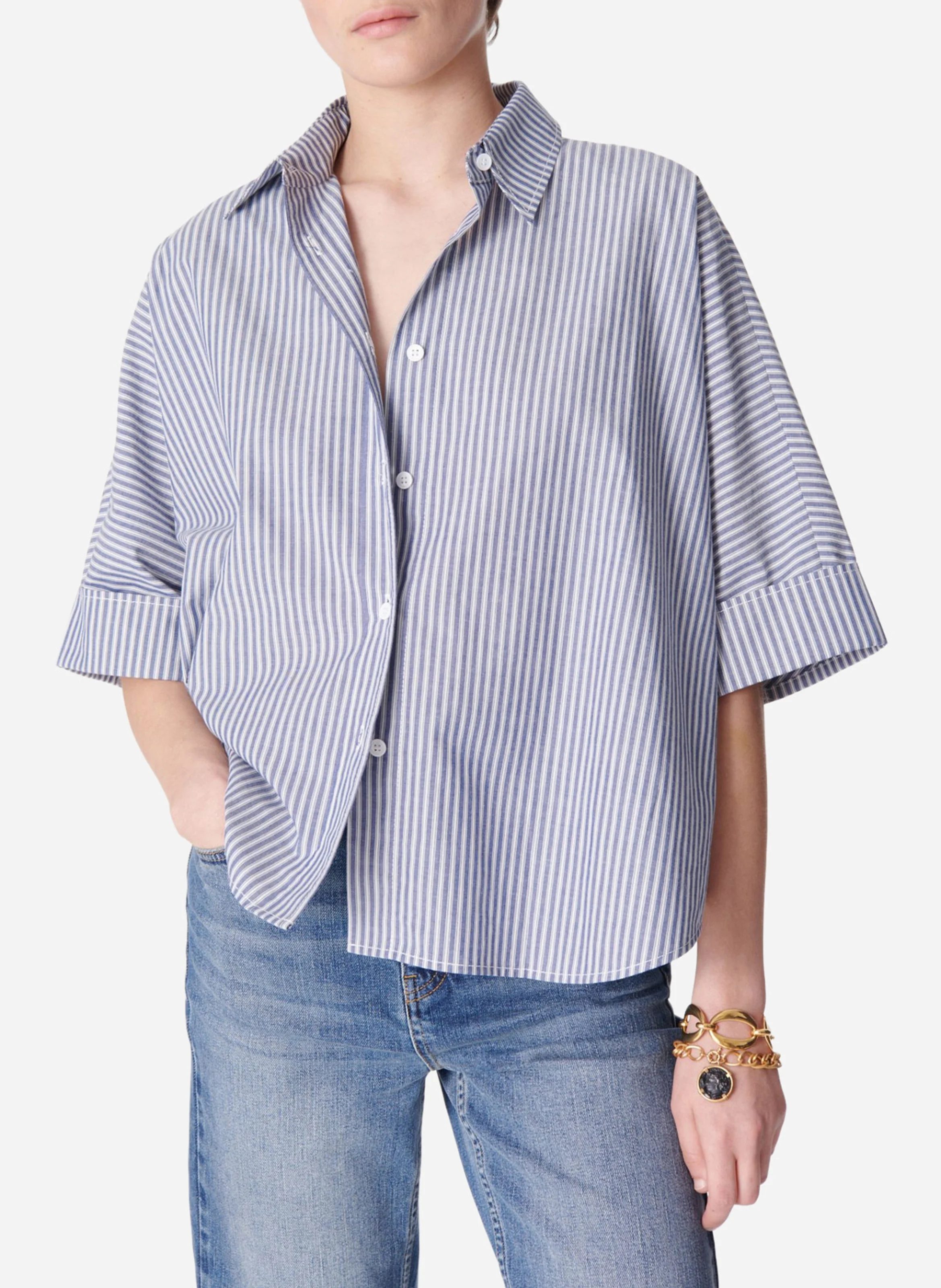 BOBBY - Chemise cropped manches courtes à rayures| Bleu