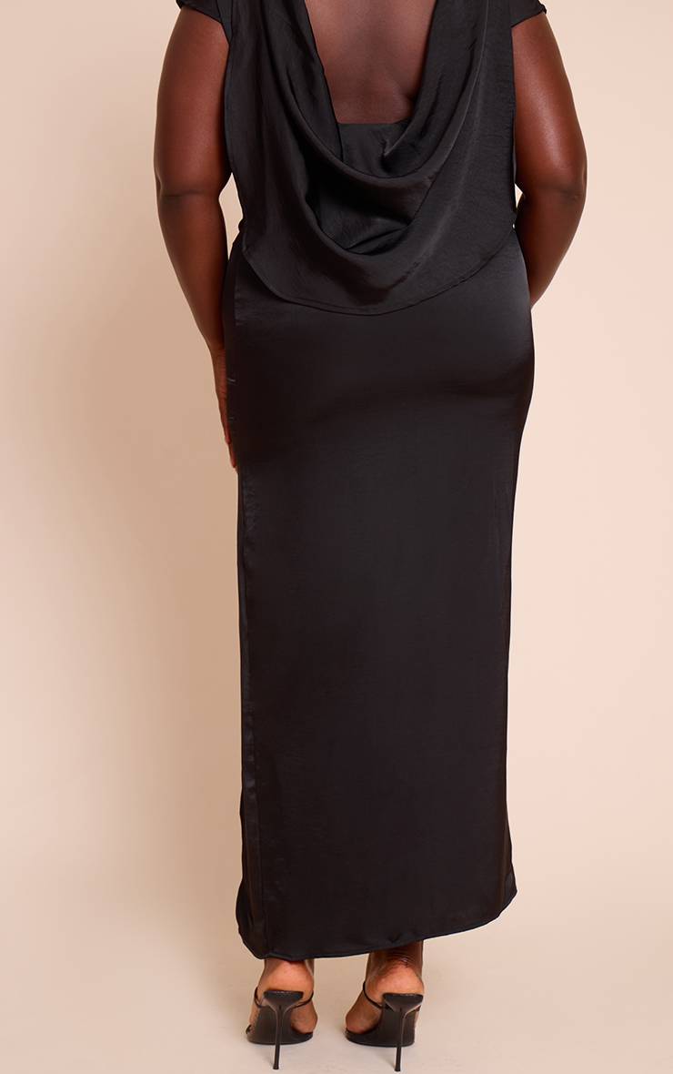 Noir Jupe Longue Grande Taille En Satin Froncé Avec Fente Détail