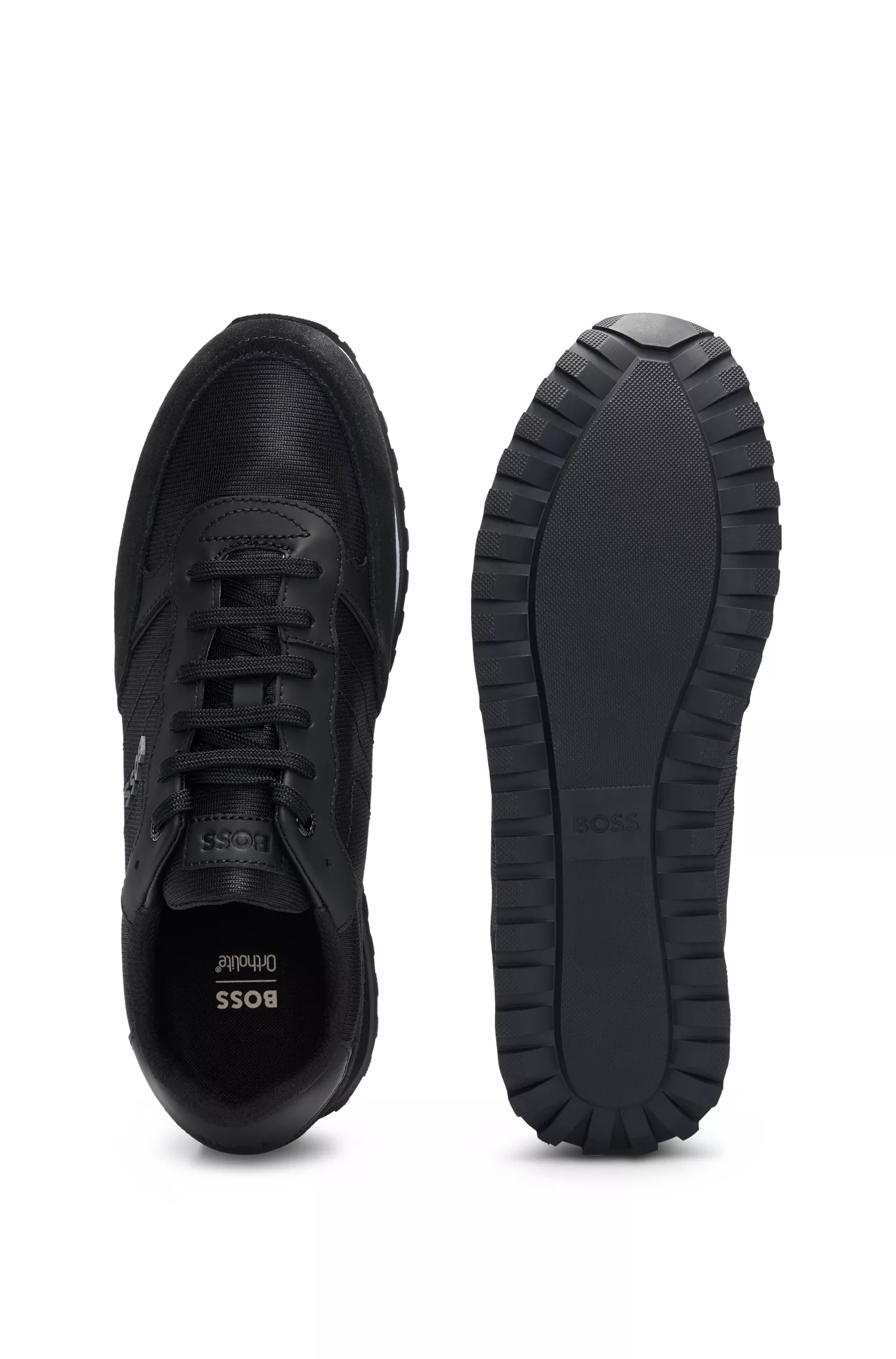 Tênis BOSS preto com cadarço e logotipo em relevo, em material misto.