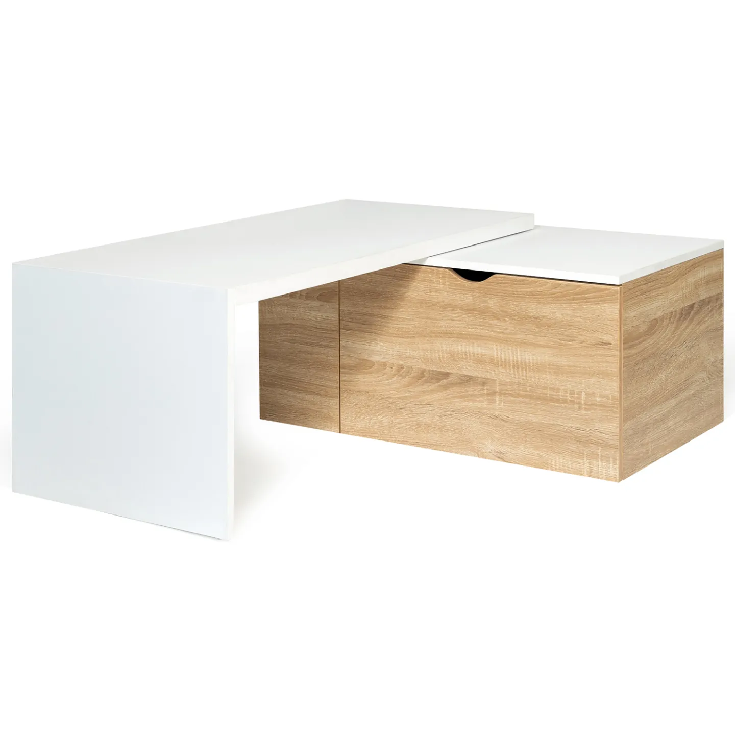 Table basse rotative bois et blanc 360° LIZZI extensible avec coffre