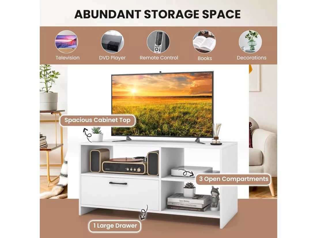 Meuble tv, tiroir et compartiments, pour tv jusqu'à 50 pouces, blanc 104,5 x 51,5 x 52 cm