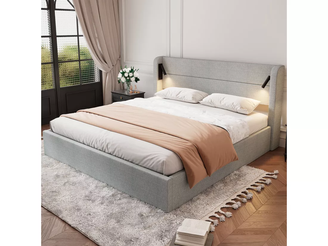 Lit coffre capitonné 180x200 cm - lit double - avec éclairage - sommier à lattes - lin - gris (matelas non inclus)