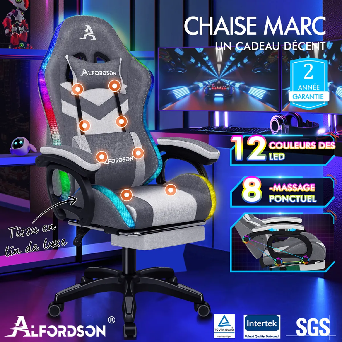 ALFORDSON Chaise Gaming - Bleu et Gris
