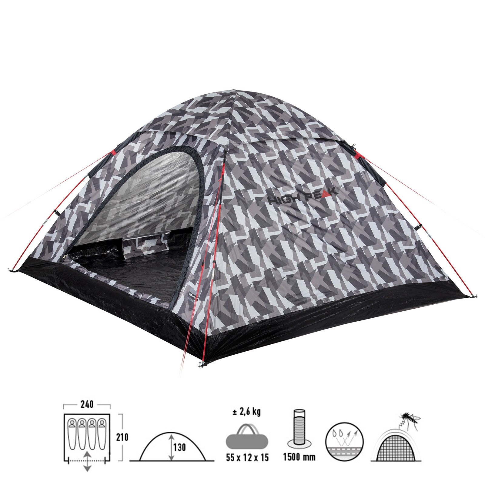 HIGH PEAK Kuppelzelt Monodome XL 4 Personen Camping Bike Zelt Familienzelt Groß Farbe: schwarz
