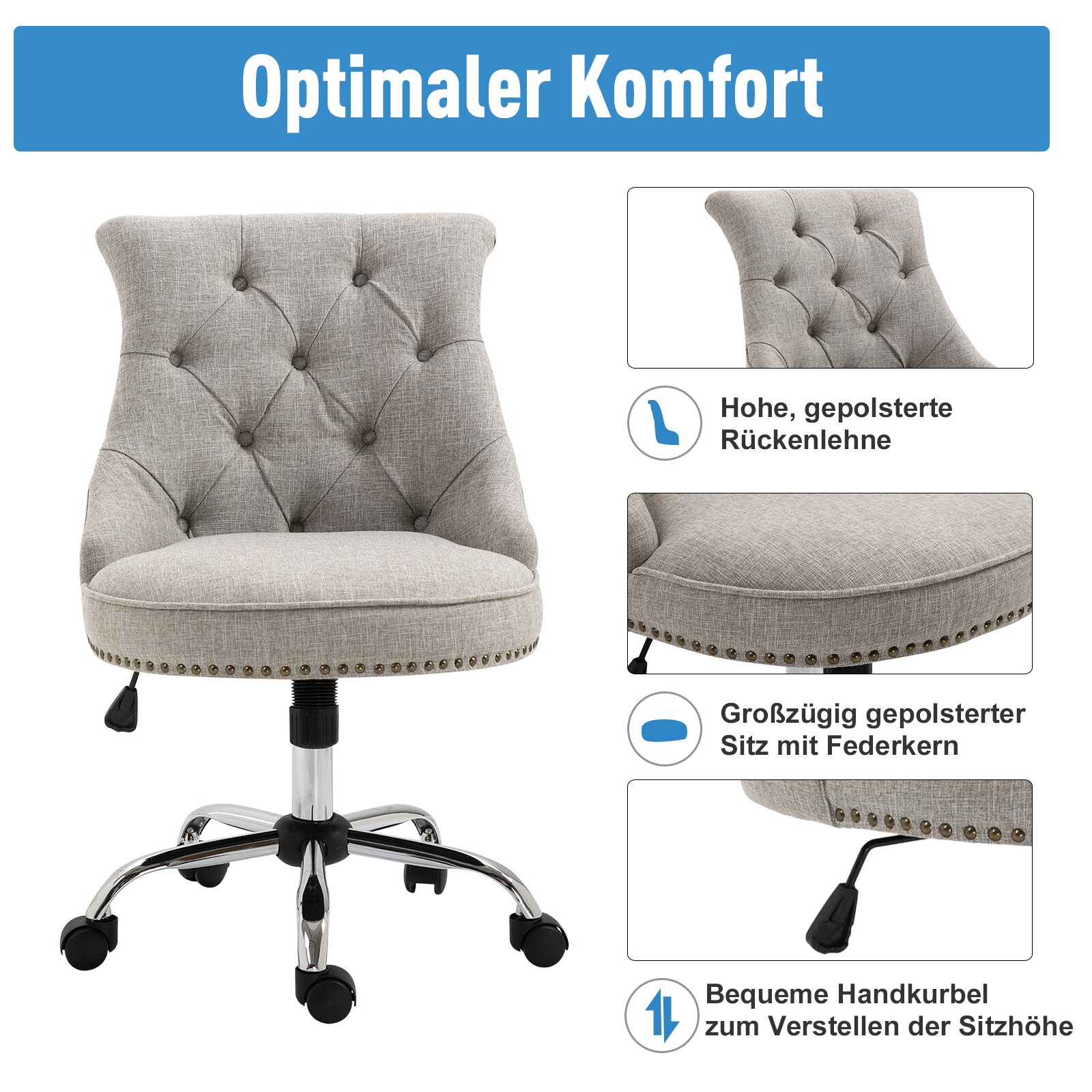 HOMCOM Polsterstuhl mit Chesterfield-Lehne hellgrau 54 x 65,5 x (84-91) cm (BxTxH)
