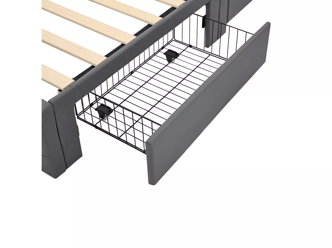 Lit rembourré 90x190 cm, avec port USB (supporte le chargement sans fil et filaire), avec éclairage LED et quatre tiroirs, PU-Litschi, gris