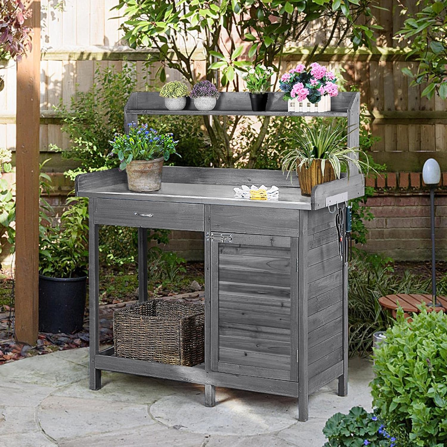 Yaheetech Pflanztisch mit verzinkter Arbeitsplatte, Wetterfest Gärtnertisch Blumentisch Holzpflanztisch mit Unterschrank, Ablagefläche und Schublade für den Garten/Terrasse/Balkon, Grau