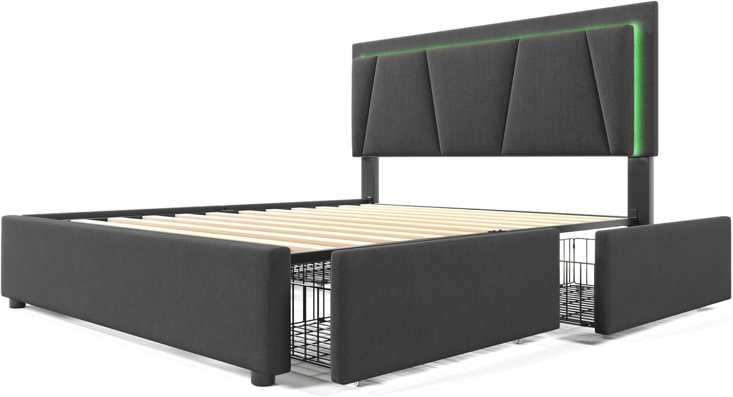 Merax Polsterbett 140x200cm mit LED-Beleuchtung und 4 Schubladen, Doppelbett Bettgestell mit Lattenrost und Höhenverstellbarem Kopfteil, Stauraumbetten, Leinenmaterial, Jugendbett,ohne Matratze,Grau