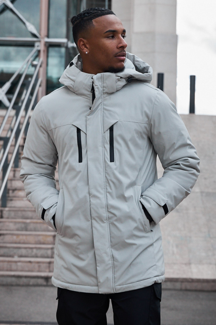 Parka grise à capuche mi-longue