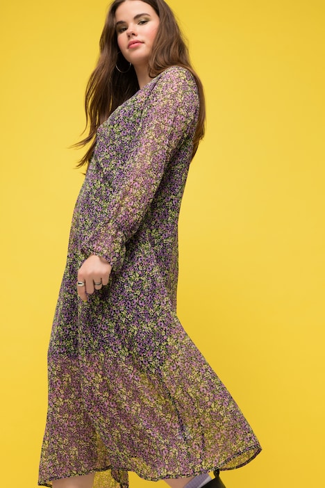 Maxikleid, A-Line, Chiffon, Minimal Blumen, V-Ausschnitt, Langarm
