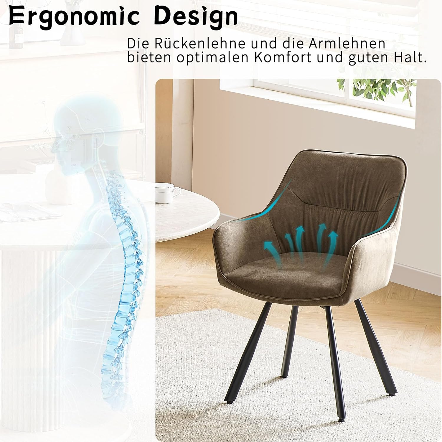 LEWE Esszimmerstühle 4er Set Drehbar, 360° Drehstuhl, Ergonomisch Polsterstuhl, Küchenstühle mit Armlehne, Metallbeine, Kurzflor-Stoff für Esszimmer Wohnzimmer Schlafzimmer, Braun