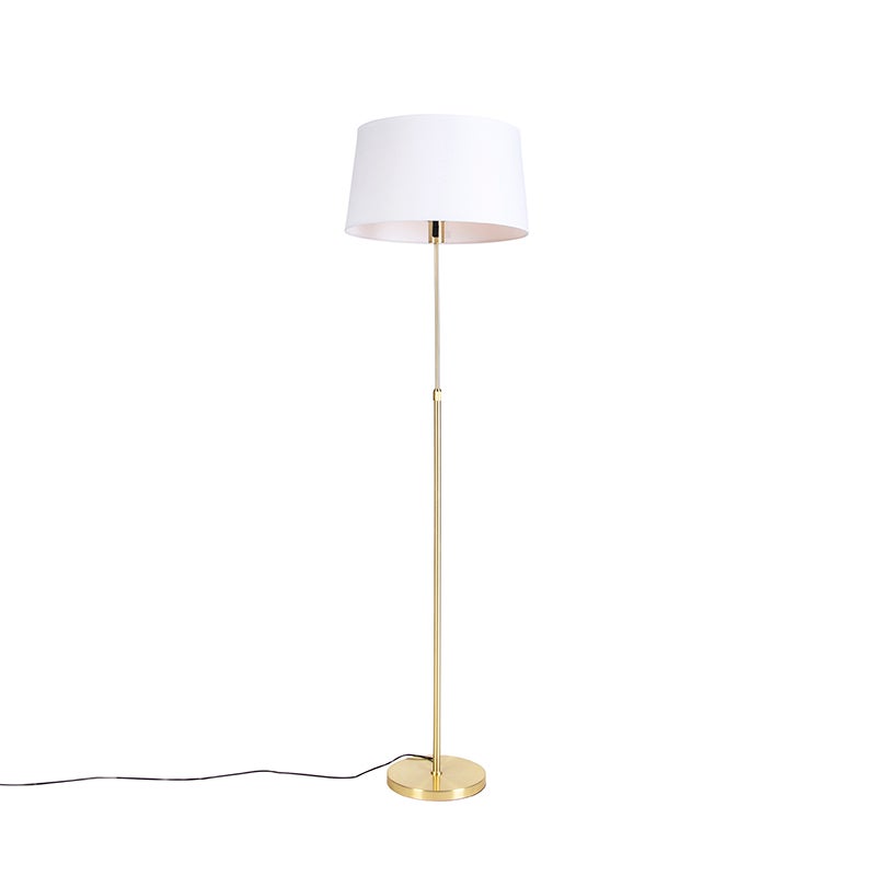 QAZQA - Moderne staande lamp goud I messing I messing met witte linnen kap 45 cm - Feest I Woonkamer I Slaapkamer - Rond staal I Langwerpig I Cilinder - LED-compatibel E27