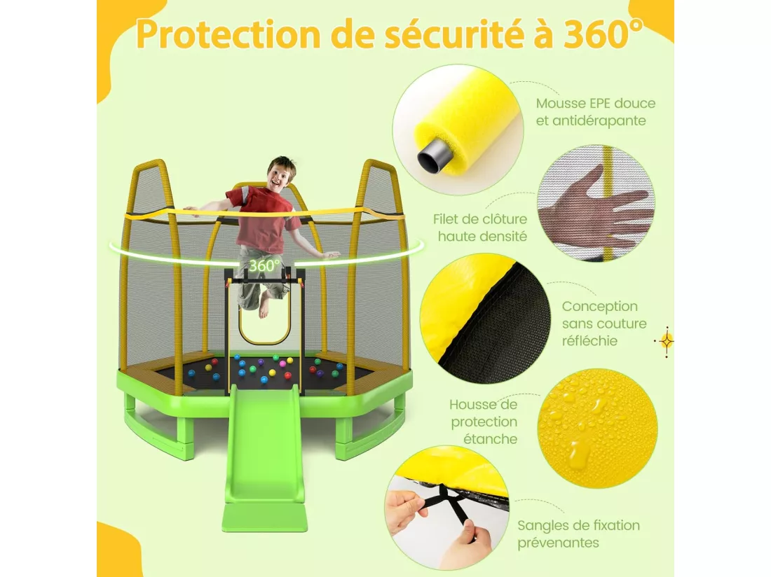 Trampoline Extérieur Ø 223cm Enfants avec Filet de Sécurité, Trampoline de Jardin Rond avec 6 Poteaux Recouvert de Mousse, Charge150KG pour 2-3 Enfants de 3 Ans+