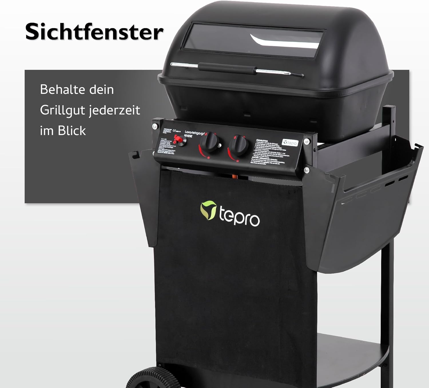 tepro Lavastein Gasgrill Irvine mit max. 5,4 kW Leistung, Edelstahl-Doppelbrenner, inklusive Lavasteine, Piezozündung im Drehregler, Grillwagen mit Rädern, Maße ca. 94 x 51 x 102 cm, Schwarz