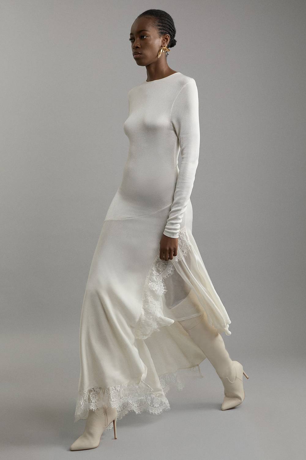 KarenMillen Robe Maxi Tricot Asymétrique à Détails de Dentelle Transparente Soyeuse Mélange Viscose Petite Taille