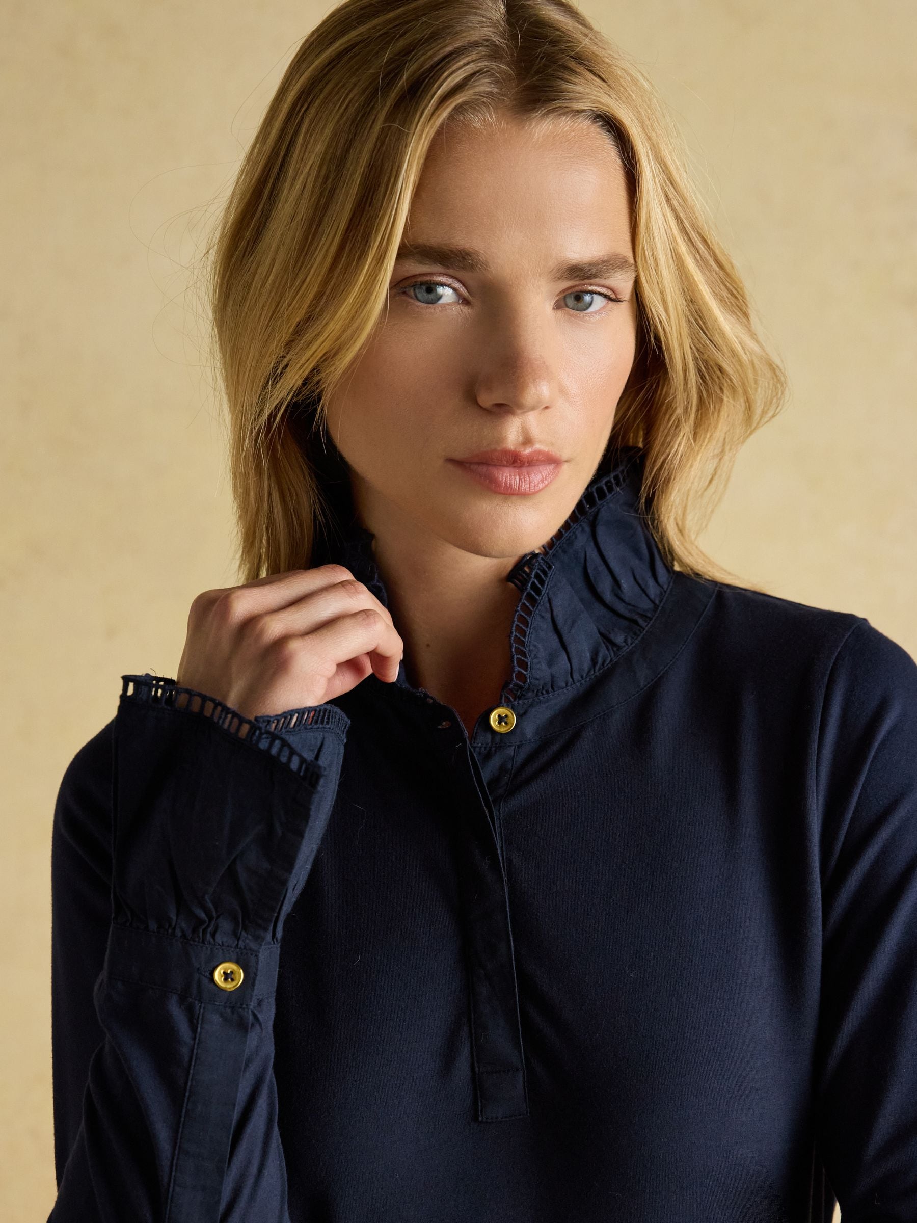 Marineblauw - Joules Kate Lange Mouw Top met Ruches aan de Hals