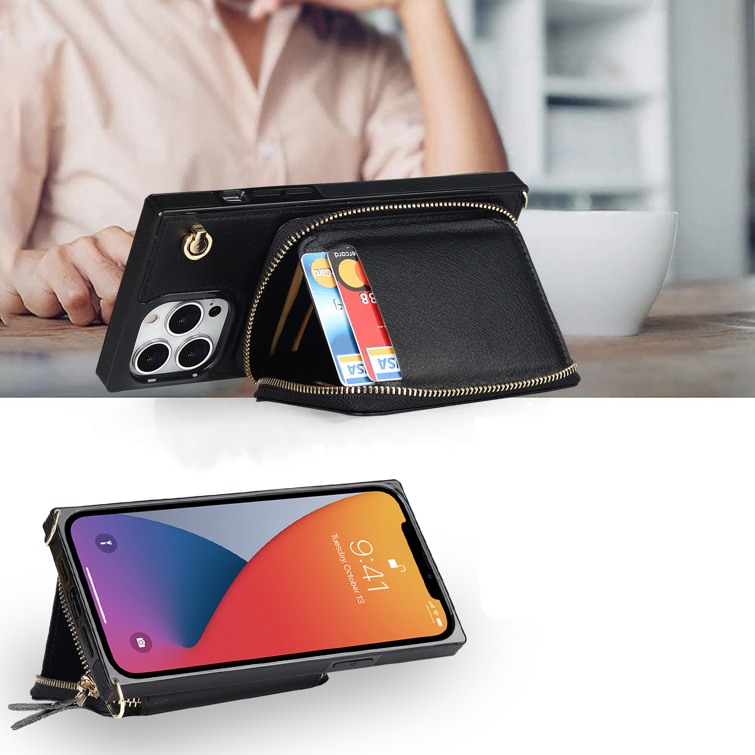 iPhone 13 Pro Necklace Leder Schutz Hülle mit Kartenfächer   Handykette (140cm) - Schwarz