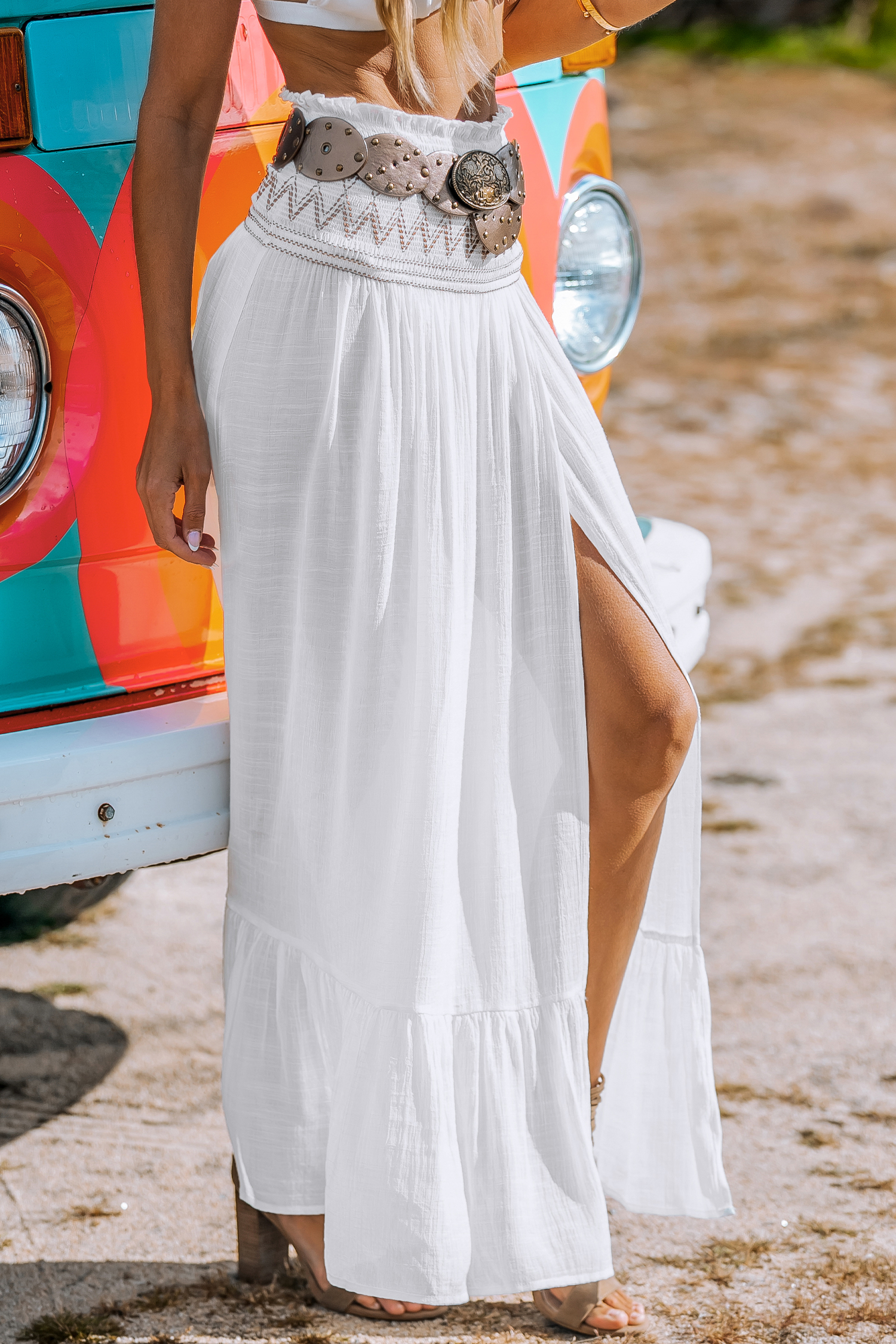 Jupe cover up maxi avec taille à smocks et ourlet à volants