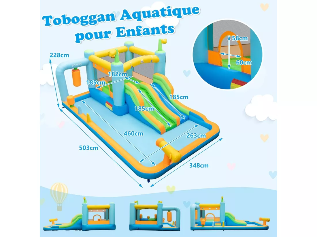 6 en 1 Château Gonflable avec Double Toboggan & Sac de Sable de Boxe, Aire de Jeux Gonflable avec Maison de Saut & Panier, Charge 90kg pour 2 Enfants de 3-10 Ans, 503x348x228CM