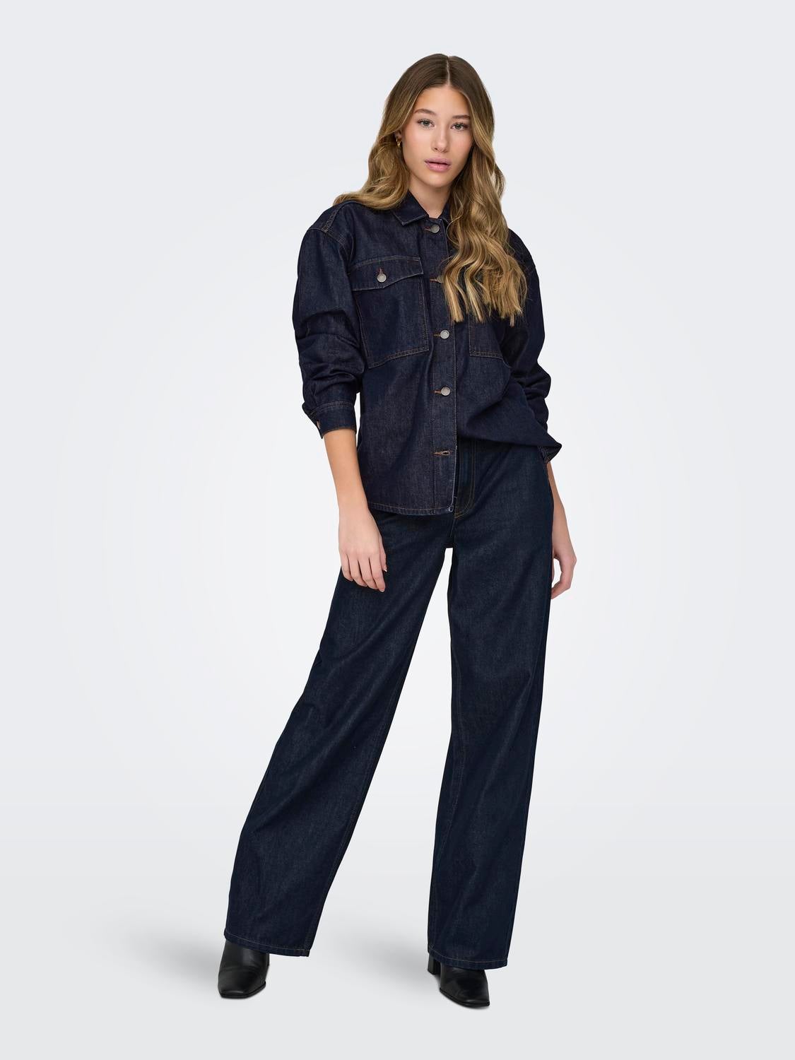 JDYSANSA Hohe Taille Weiter Beinschnitt Jeans Dark Blue Denim