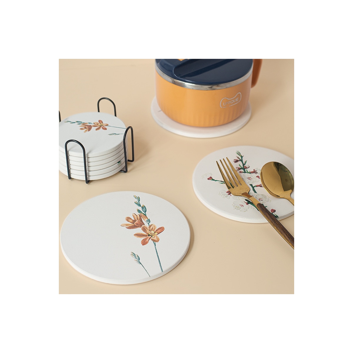 Coasters Dekkeunderlag Varmebestandige vannabsorberende pads med Coaster Holder 6-pakke elegant blomst