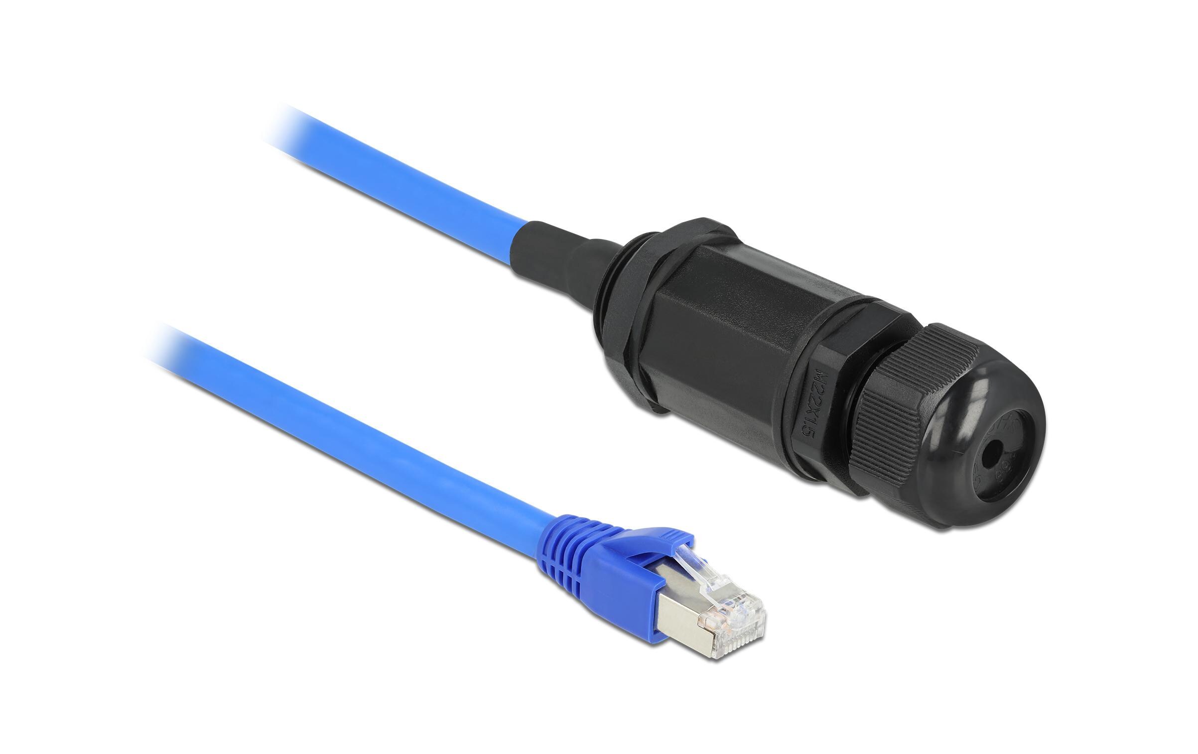 Patchkabel RJ-45 - RJ-45, Cat 6, S/FTP, 0.25 m, BlauKabel RJ45 Stecker zu RJ45 Buchse Cat.6 wasserdicht mit Kabelverschraubung