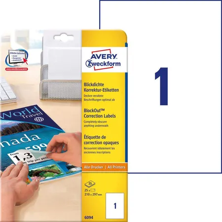 Avery Zweckform 6094 Korrektur- und Abdeck-Etiketten,A4 210 x 297 mm, 25 Bogen/25 Etiketten, weiß