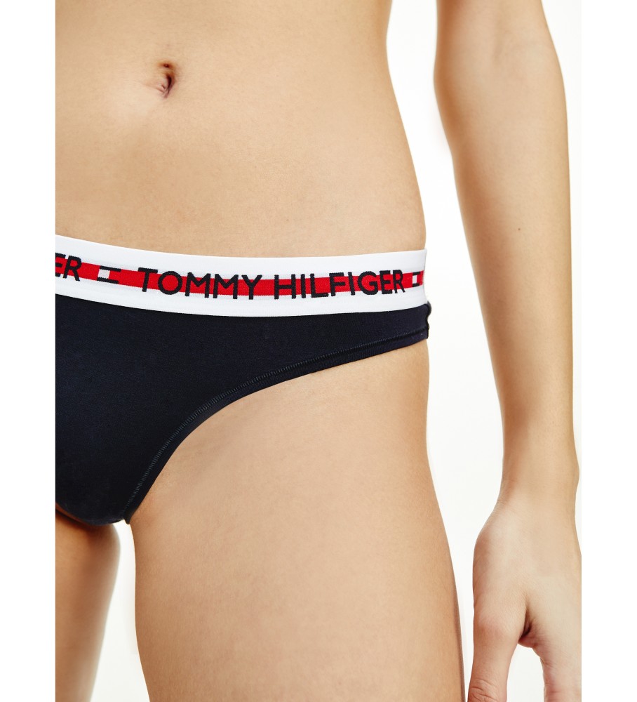 Calcinha fio dental elástica Tommy Hilfiger com inscrição azul-marinho