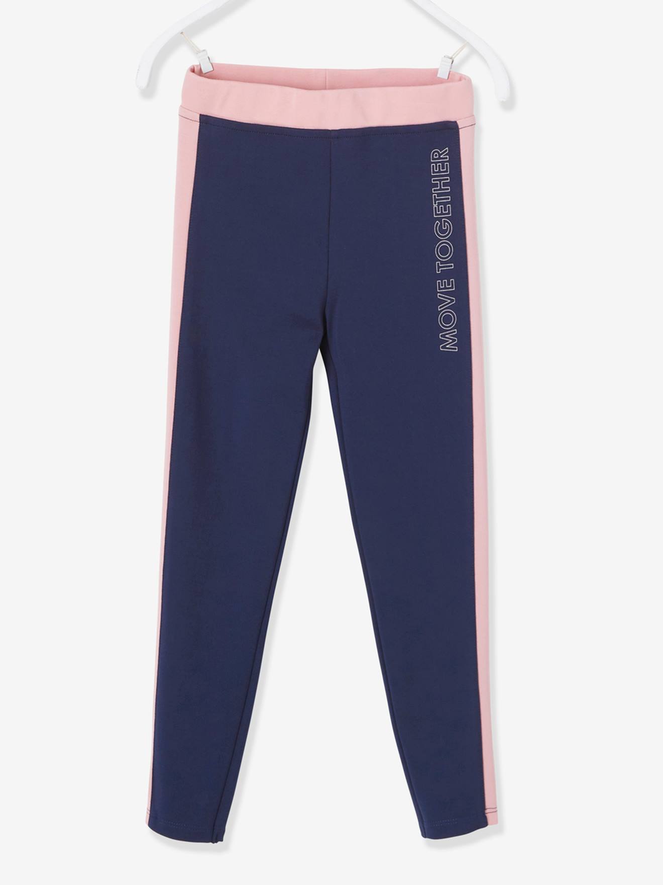 Leggings esportivas lisas rosa claro para meninas com listras laterais.
