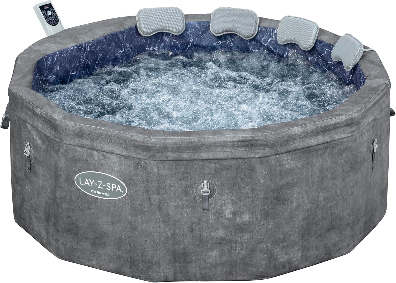 Bestway® Lay-Z-SPA® Energiespar-Whirlpool mit Schaumstoffpaneelen Carrara AirJet™ mit App-Steuerung + integrierter UltraFit™ -Pumpeneinheit, für 6 Personen Ø 170 x 65 cm, Dunkle Alabaster-Optik
