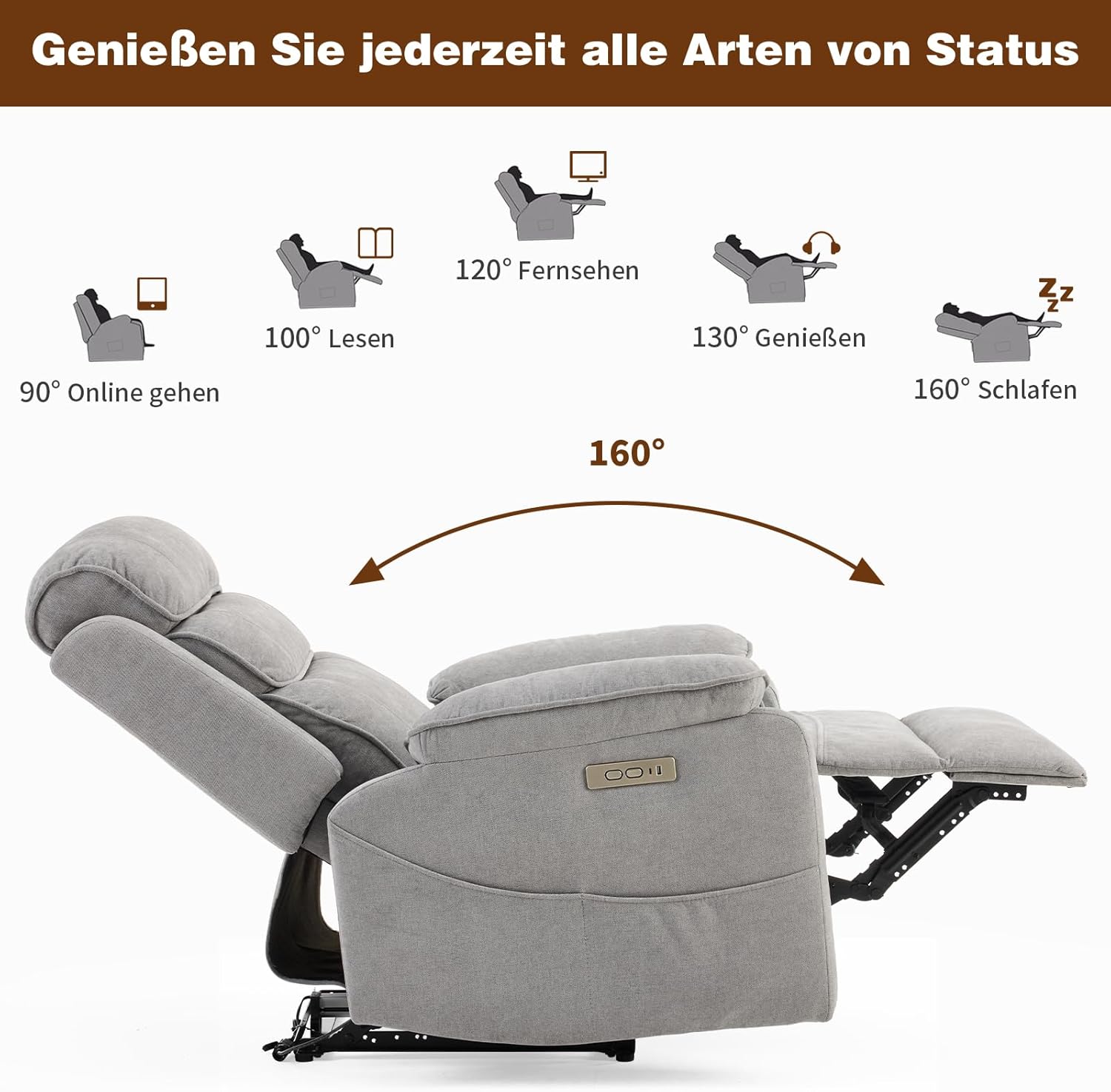 LEADZM Fernsehsessel Relaxsessel mit drahtloser Ladevorrichtung, 1 USB-Anschluss, 1 USB-C-Ladeanschluss, Liegen TV Sessel mit Massage Heizung, Seitentaschen, Getränkehalter (Hellgrau)