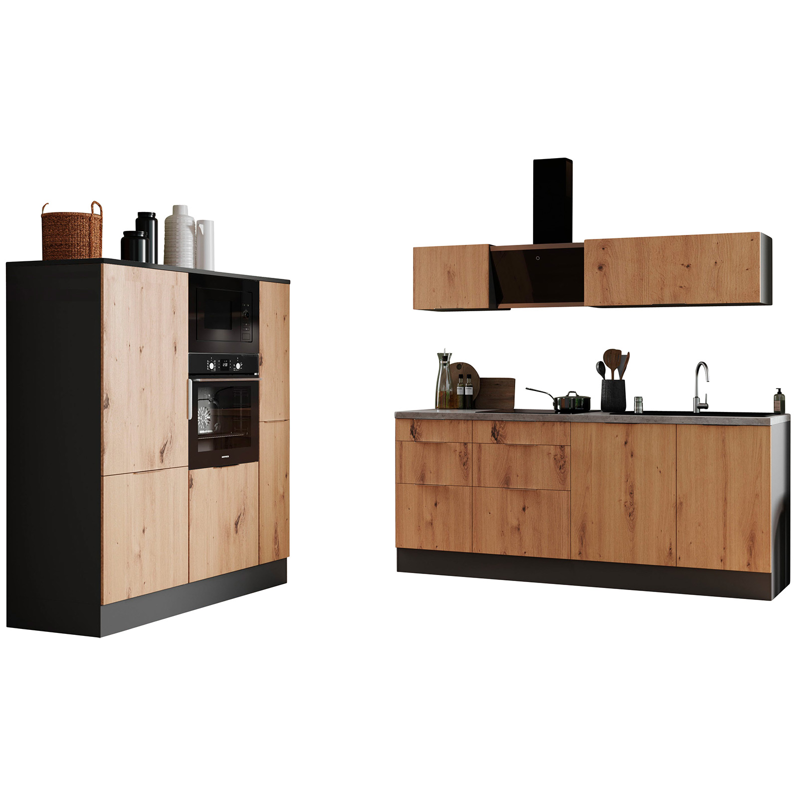 Küchenblock - Artisan Eiche - grau matt - mit E-Geräten - 370 cm