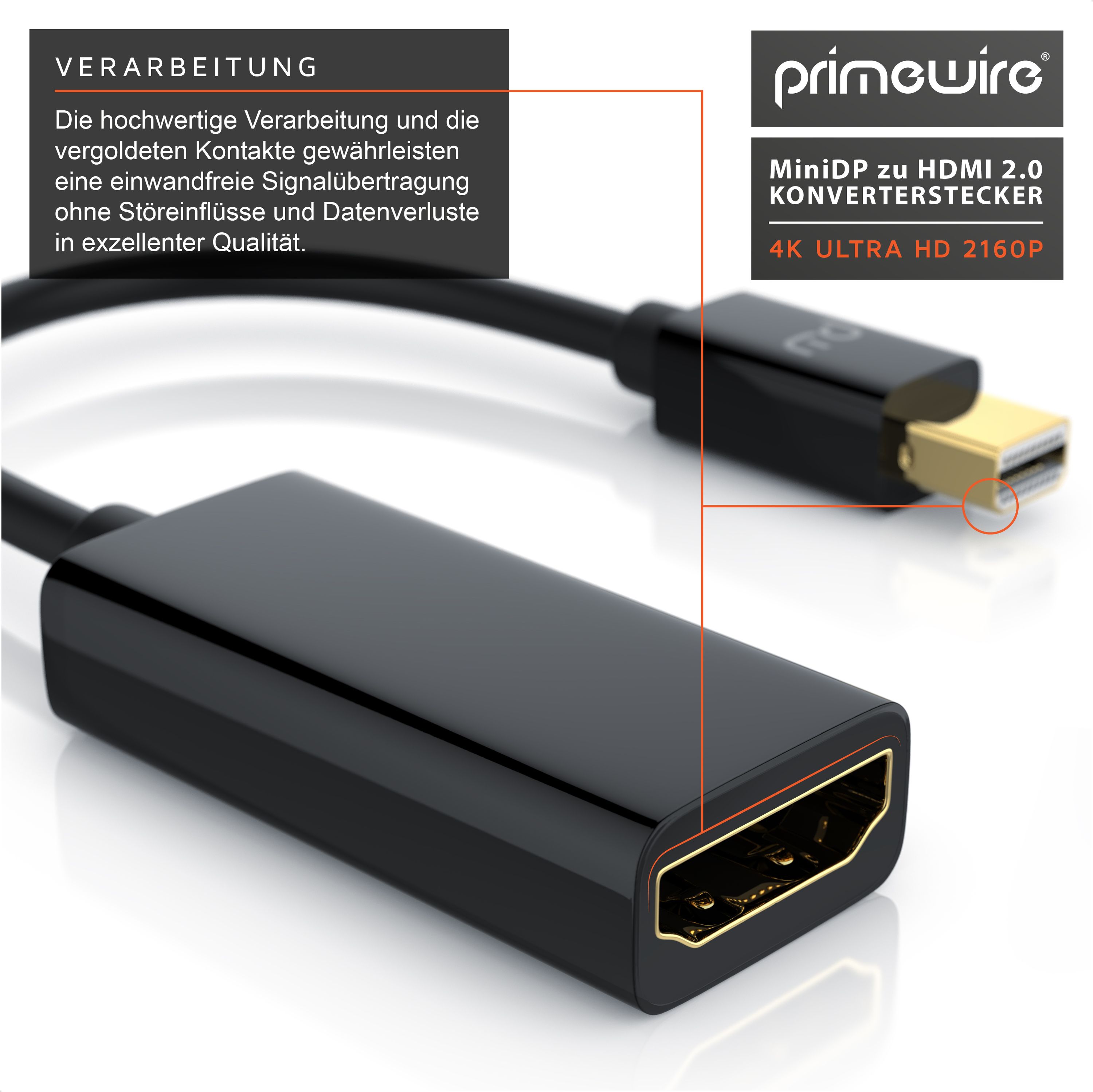 Primewire Mini DisplayPort zu HDMI Adapter, Ultra HD 4k MiniDP zu HDMI Buchse Monitor Konverter, Adapterkabel